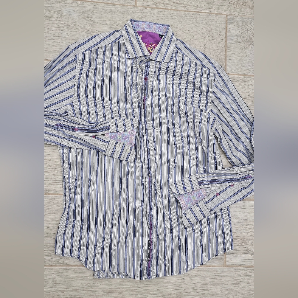 Robert Graham Men’s Striped Button-Down Shirt - Blue & White - Contrast Cuffs XL